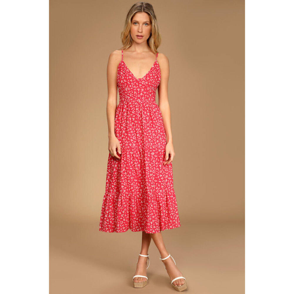 Lulus Bliss Abound Red Floral Print Tiered Midi Dress - Size M